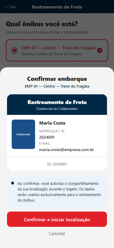 Confirmação de embarque no app do passageiro